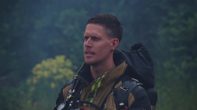 Firefighter Standing Ready at Emergency Scene