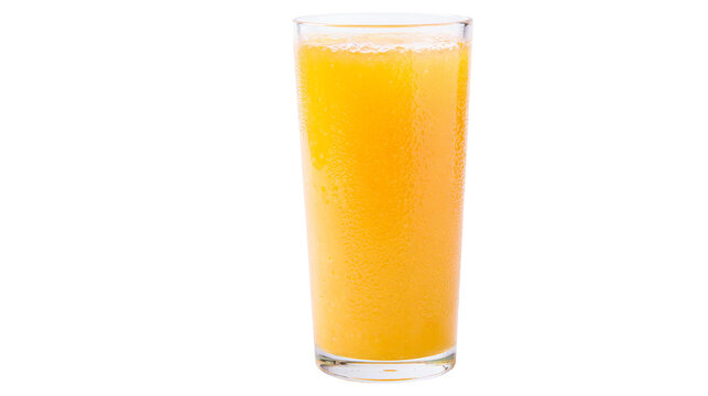 Tall glass of orange juice with foam and condensation