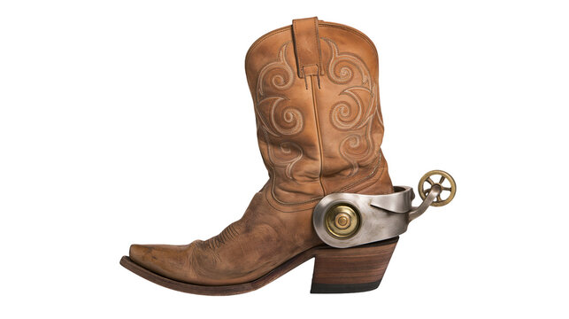 Brown leather cowboy boot with ornate stitching and metal spur