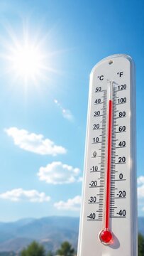 Extreme summer heat with high temperature thermometer under bright sun highlighting heatwave, climate change and hot weather conditions