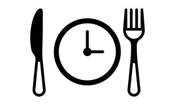 Minimalist black and white icon with a clock, knife, and fork, isolated on white, symbolizing a dining schedule concept