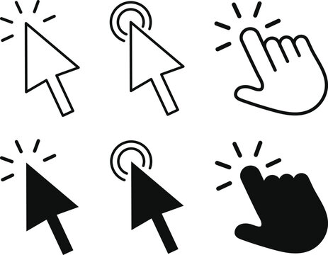 Mouse click cursor icon set. arrow and mouse forms. Click pointer arrow sign. Hand click cursor icon with tap gesture rays