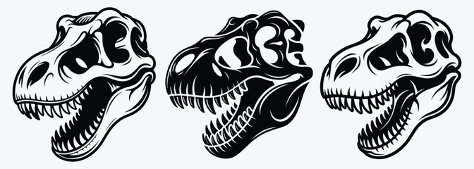 Dinosaur Head Skull Vector Illustration Set, Black and White Tyrannosaurus Rex Head Skull, T Rex Fossil Skull Illustration Bundle with Open Jaw © MSTAKLIMA