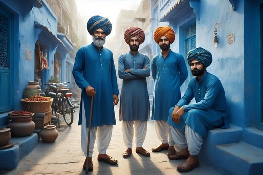 Four Local Men Dressed in Traditional Rajasthani Attire Including Colorful Turbins (Pagri), Traditional Indian Vests, and Tunics (Kurta) in an Alleyway in Blue City of Jodhpur, Rajasthan, India Travel