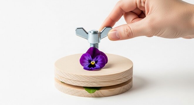 Hand tightening wingnut on flower press with purple pansy