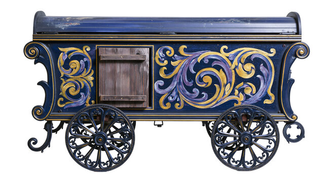 Ornate dark blue gypsy wagon with gold and purple scrollwork