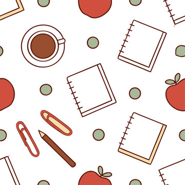 Teacher Desk Notebook Coffee Seamless Pattern