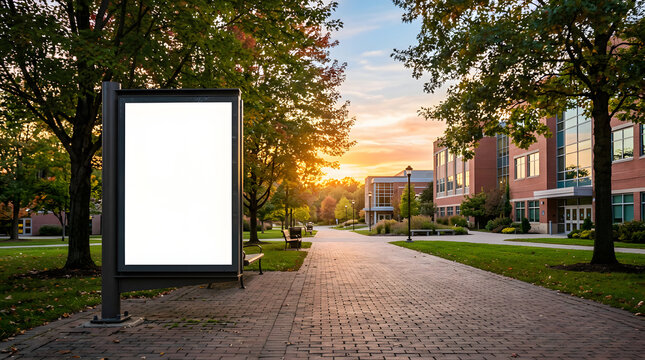 blank billboard on brick pathway in university campus at sunset