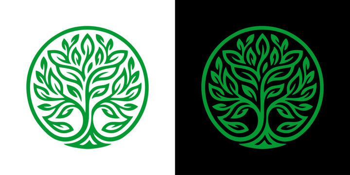 A glowing tree logo is shown on a white and black background