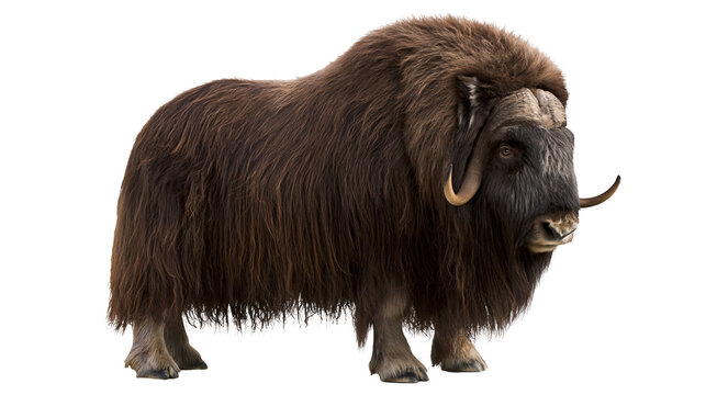 Musk ox with long shaggy brown fur and curved horns