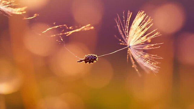 A single dandelion seed floats gracefully, caught by a thin spider web strand under warm golden sunlight.
