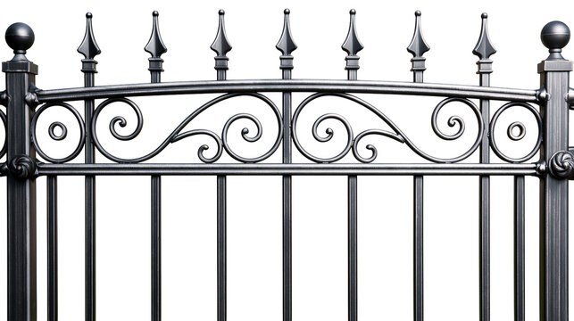 Ornate wrought iron fence with decorative scrolls and finials