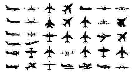Aviation and airplane black silhouette icon set featuring commercial airliners military jet fighters biplanes and private aircraft symbols © MdSabbir