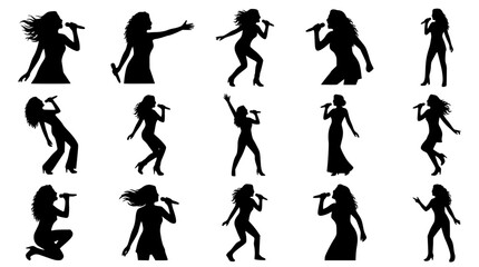 Female singer and pop star musician silhouette icon set featuring women performing dancing and singing with microphones on stage