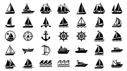 Nautical marine black silhouette icon set featuring sailboat yacht cruise ship anchor helm steering wheel and sea wave symbols © MdSabbir