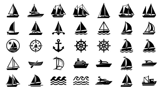 Nautical marine black silhouette icon set featuring sailboat yacht cruise ship anchor helm steering wheel and sea wave symbols