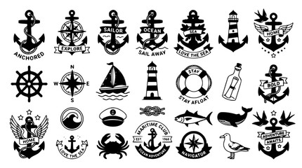 Nautical maritime vector emblem and badge mega bundle featuring anchors lighthouses sailboats and sea wildlife © MdSabbir