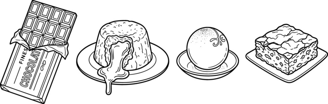 Delicious Chocolate Dessert Line Art Icon Set with Candy Bar Molten Lava Cake Truffle Ball and Brownie Slice Vector Illustrations