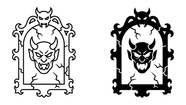 Diabolic Portrait: A stylized, dark illustration depicting a monstrous demonic face with horns and menacing eyes, framed within an ornate, cracked gothic archway.