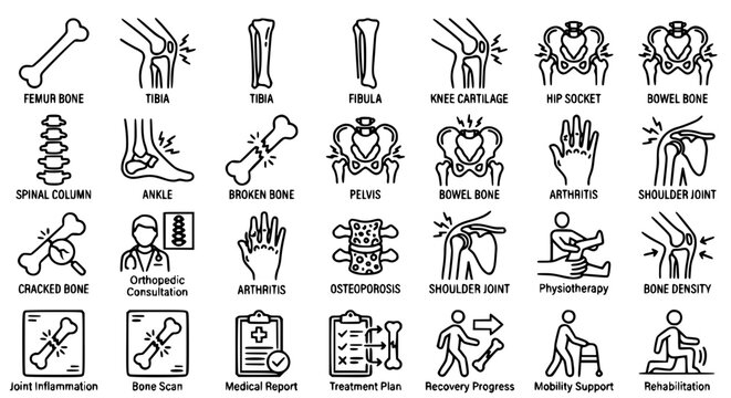 Orthopedic and bone healthcare vector line icon set featuring human skeleton joints medical treatment symbols