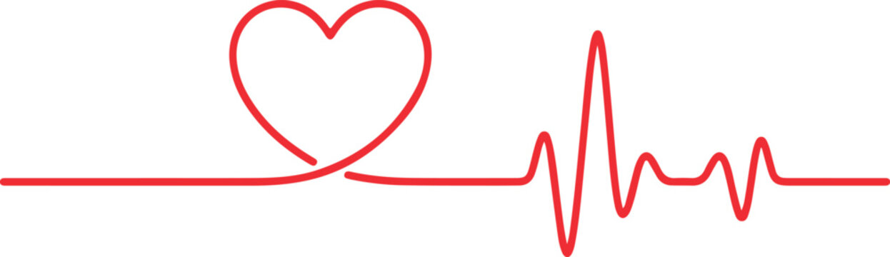 Red heart shape merging into a continuous ekg pulse line illustration symbolizing medical vitality and emotional health on a clean minimalist white background