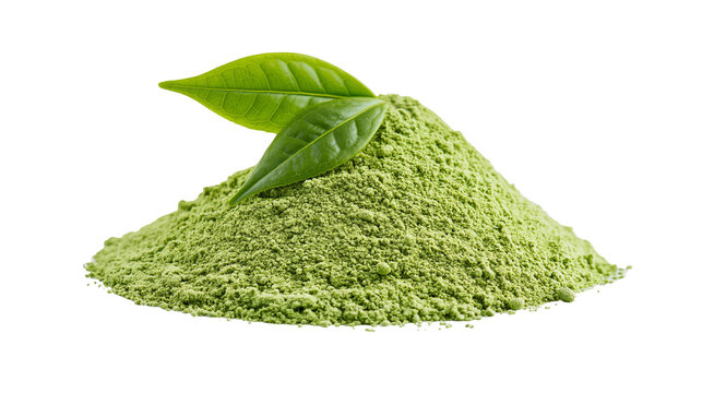 Green tea powder pile with fresh leaves