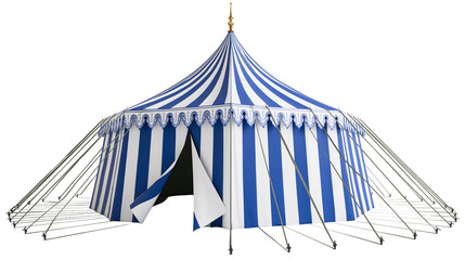 Blue and white striped circus tent with ornate trim © Maelle