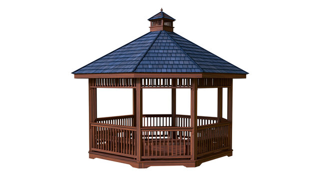 Wooden hexagonal gazebo with dark blue shingled roof