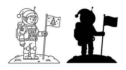 Christmas Elf Astronaut on Lunar Surface: A charming Christmas elf, dressed in an astronaut suit and festive Santa hat, stands proudly on the moon. © Sugra