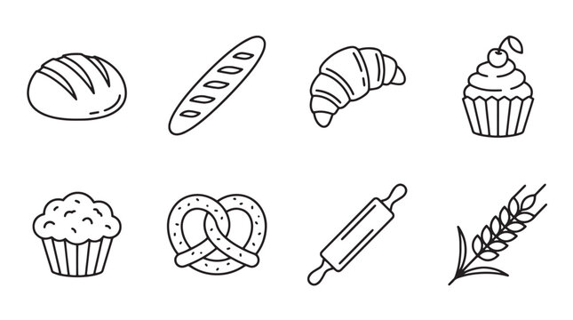 Baking icons, pastry symbols, bread illustrations, 8 elements, vector graphics