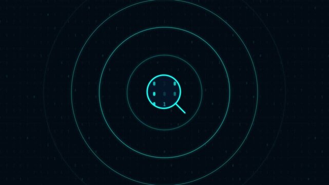 Digital Search Magnifying Glass with Glowing HUD Radar Waves. 4K  Video