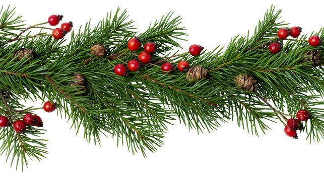 Christmas garland with pine needles, red berries and pine cones