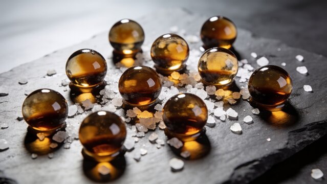 Amber spherification pearls on dark slate with salt crystals