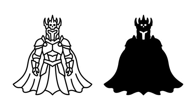 Warrior King Icon: A stylized illustration of a warrior king in armor, crowned and cloaked, presented in both an outline and silhouette format, evoking power and fantasy.
