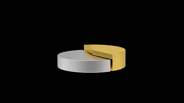 A gold wedge segment rotates and aligns over a silver circular base, forming and separating a stylized pie chart on a black background in a clean 3D animation