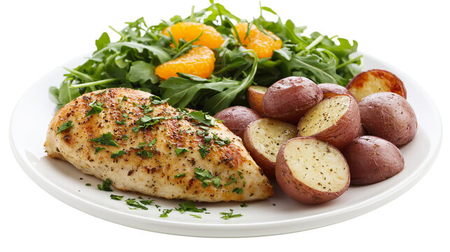 Grilled chicken breast with roasted potatoes and arugula orange salad