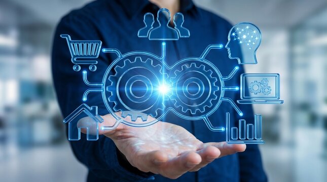 Enterprise API Integration with Real-Time Data Connectivity. Businessperson Holding Gear Icons for Application Integration System