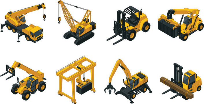 Isometric Material Handling Equipment Vector Set Featuring Mobile Cranes, Forklifts, Reach Stackers, Gantry Crane and Industrial Loaders