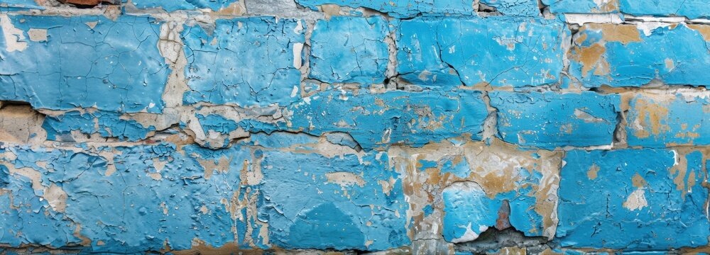 Weathered Blue Brick Wall: A close-up view of a dilapidated brick wall painted in a vibrant blue, showing signs of age with peeling paint and exposed mortar.