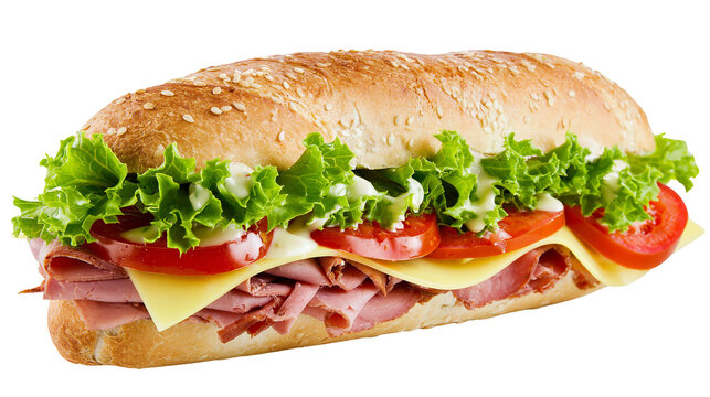 Submarine sandwich with ham cheese lettuce, and tomato on sesame seed bun