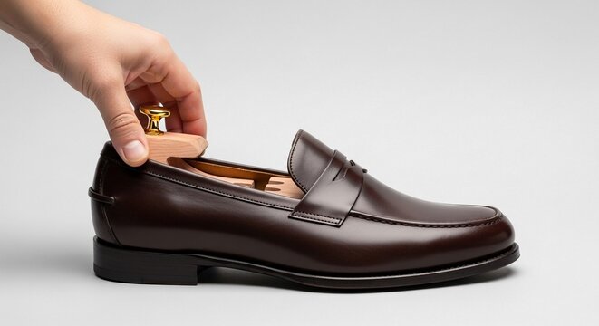 Hand inserting a cedar shoe tree into a polished brown leather loafer