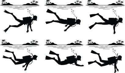 Scuba diver underwater silhouettes set, ocean diving under tropical islands vector graphic design illustration banner © kaiyum