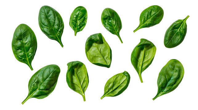 Fresh green spinach leaves scattered