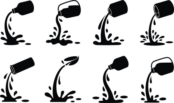 Pouring liquid from bottle silhouettes set, black water splash stream flow graphic vector illustration icons