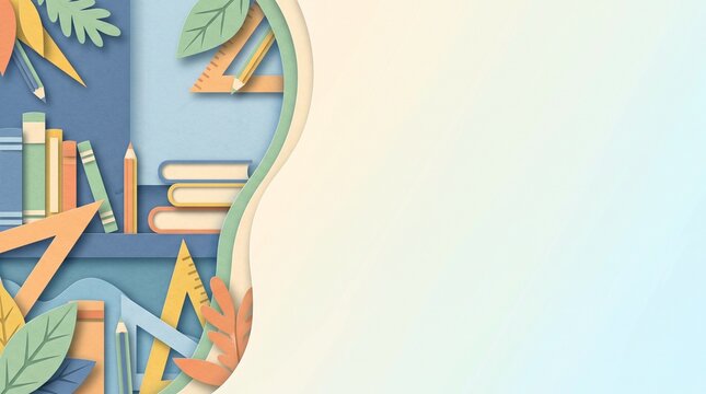 Artistic multi layered 3D paper cut school background with stationary borders and copy space. Generative AI