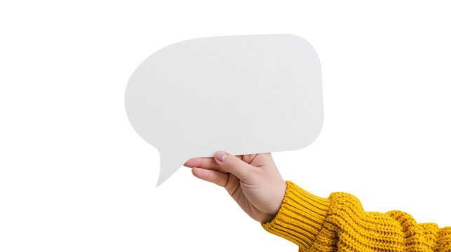 Hand holding white speech bubble with yellow sweater