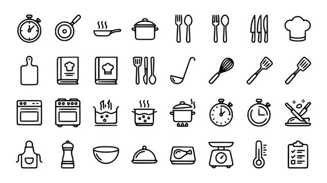 Kitchen utensils and cooking outline icon set with pots pans chef hat oven recipe books and cutlery