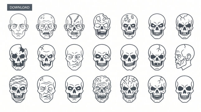 Collection of zombie face and skull head silhouette design element art. Happy Halloween Vector outline icons set with undead mummy, frankenstein and monster faces for spooky holiday craft projects.