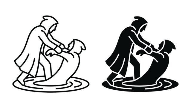 Ritual Immersion: Two figures in hooded robes participate in a symbolic ritual, one guiding the other into water, representing purification or transition.