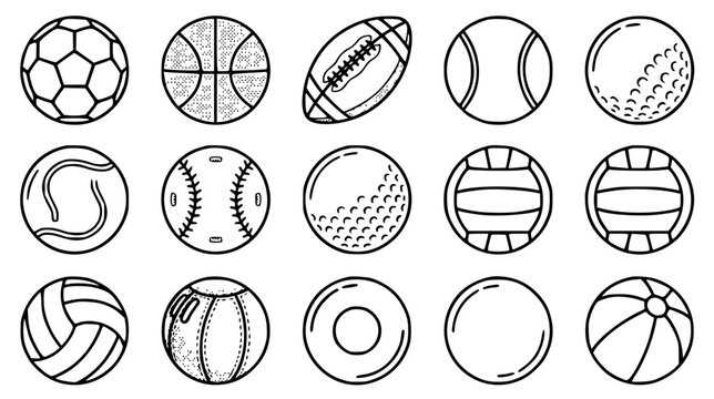 Sports balls vector icons set line art outline drawing collection soccer basketball football baseball tennis volleyball coloring page elementsSports balls vector icons set line art outline drawing col